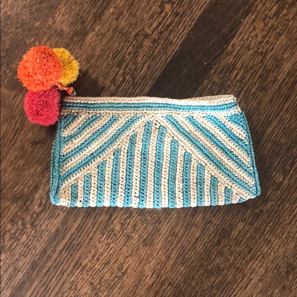 Mar y Sol Sonia Turquoise Raffia Clutch Pompom